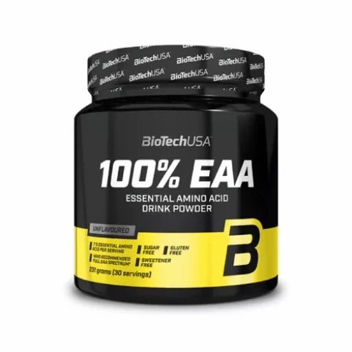 Schwarzes Supplement-Behälter mit gelbem Etikett. Aufschrift: 100% EAA, Essential Amino Acid Drink Powder. Marke: BioTechUSA.