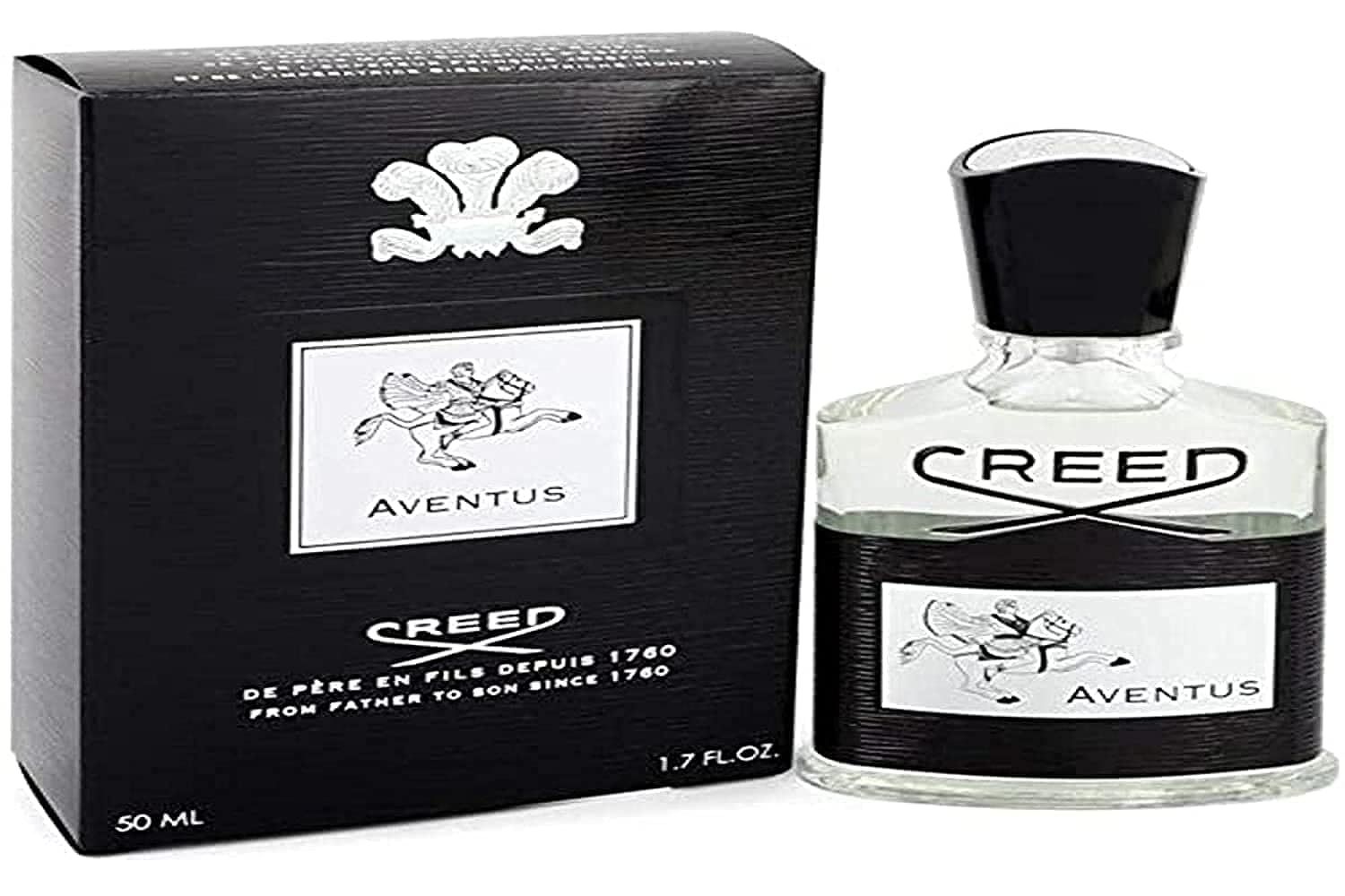 Schwarze Box und Flakon. Auf der Box: Logo, Text AVENTUS, Creed. Flakon: Creed, AVENTUS, 50 ml.