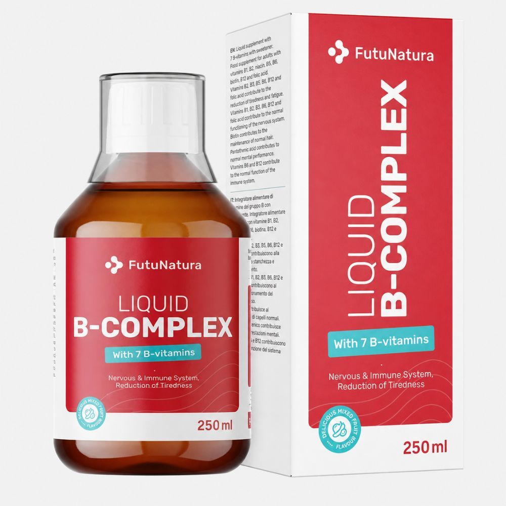Flasche und Karton von FutuNatura Liquid B-Complex mit 7 B-Vitaminen.