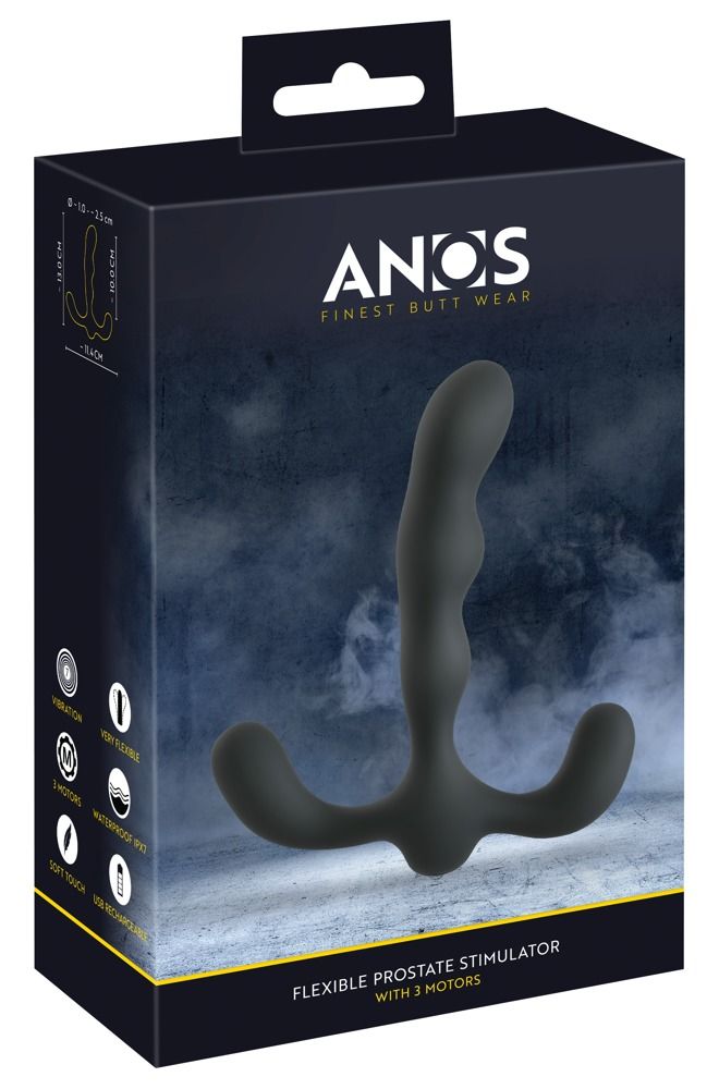 Verpackung für ANOS Flexible Prostata Stimulator. Schwarze Box mit Produktabbildung und Text.