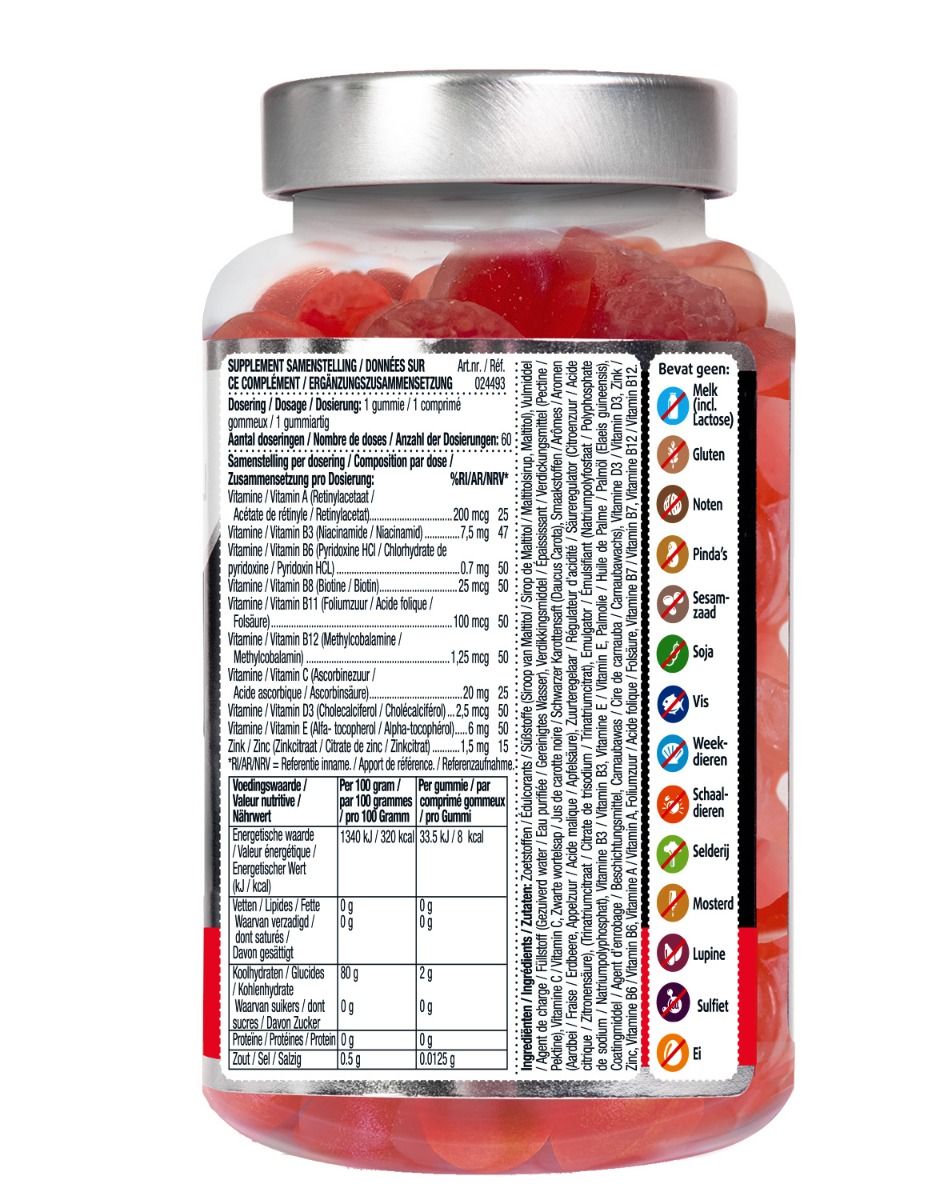 Rückseite einer Flasche Lucovitaal Multi+ A-Z Gummis mit Nährwertangaben und Allergeninformationen.