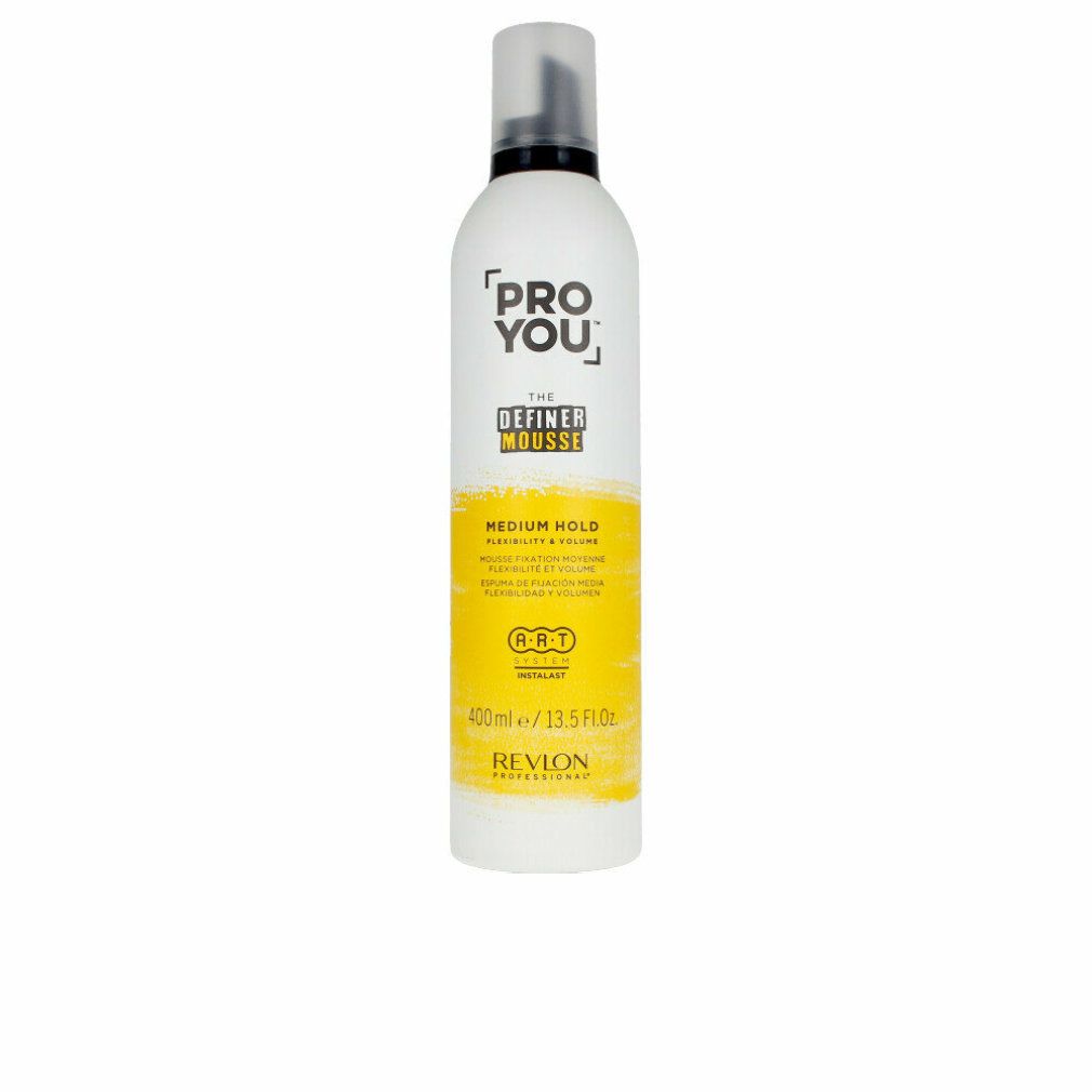 Weiß-gelbe Flasche mit schwarzem Deckel. Aufschrift: PRO YOU THE DEFINER MOUSSE MEDIUM HOLD. Volumen: 400ml/13.5 fl oz.