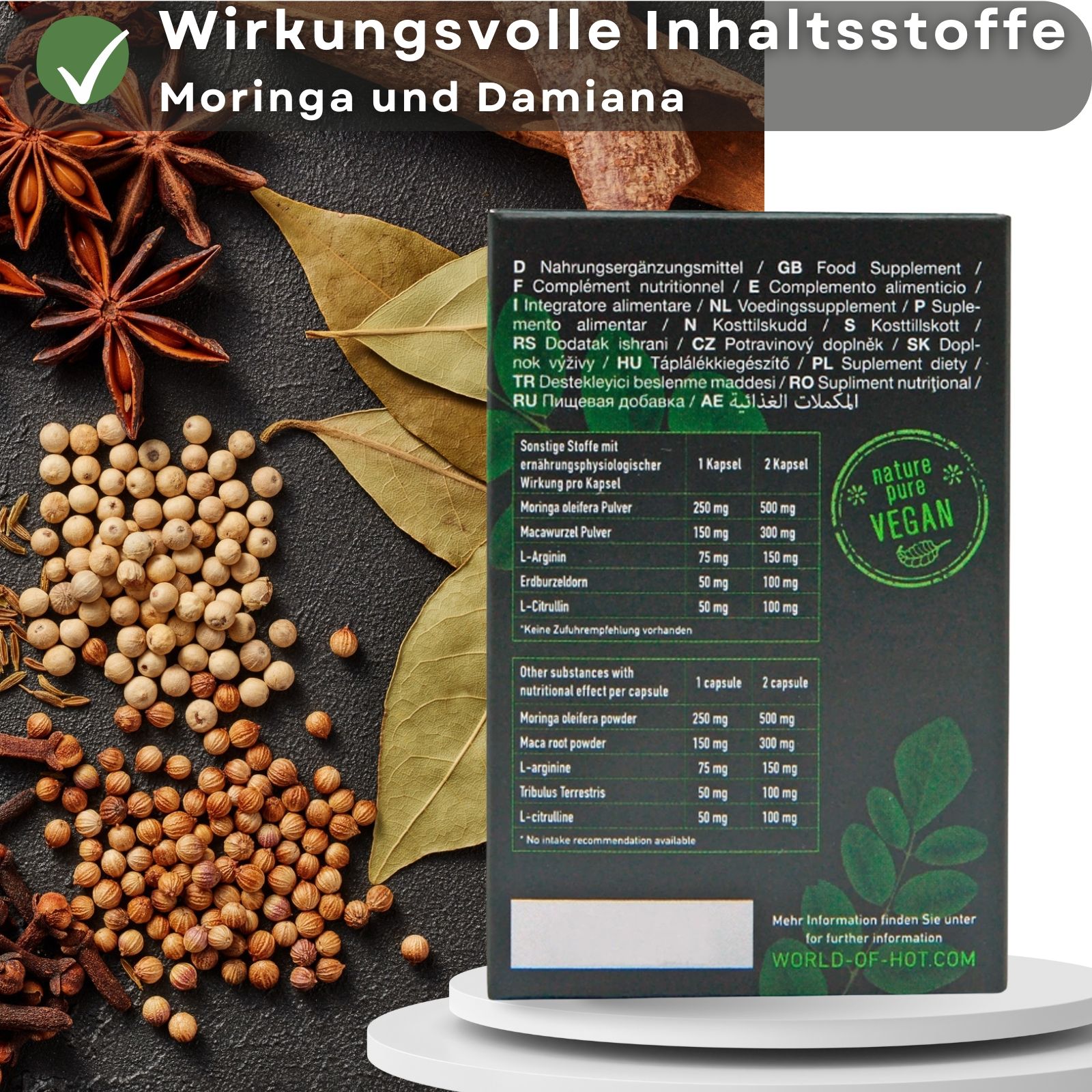 Rückseite der Verpackung. Text in mehreren Sprachen. Vegan-Siegel. Inhaltsstoffe und Nährwertangaben.