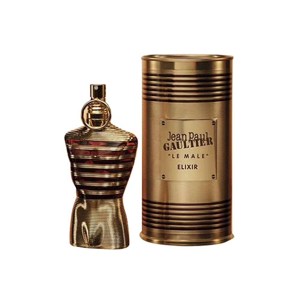 Goldfarbener Flakon in Torsoform und zylindrische Dose. Auf der Dose steht "Jean Paul Gaultier Le Male Elixir".
