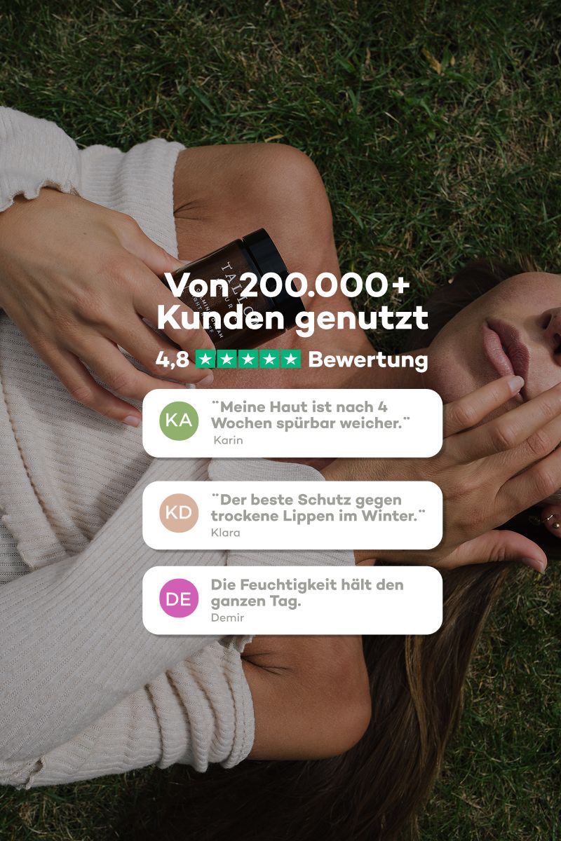 Frau liegt auf Gras. Text: Von 200.000+ Kunden genutzt, 4,8 Sterne Bewertung. Zitate von Kunden. Produkt nicht sichtbar.