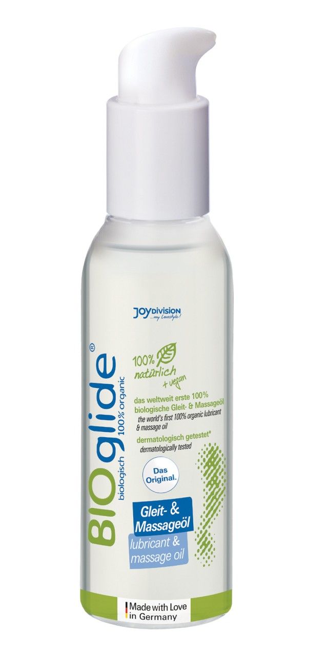 BIOglide Gleit- & Massageöl Flasche mit Dosierpumpe. Aufschrift: BIOglide, 100% organic, Gleit- & Massageöl. Grün-weiße Verpackung.