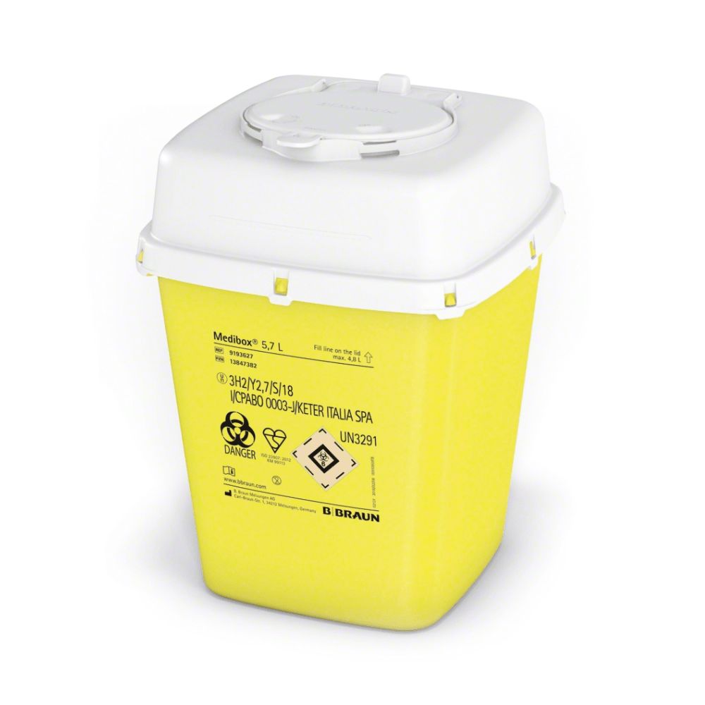 Gelber B. Braun Medibox® Kanülenabwurfbehälter mit weißem Deckel. Aufschrift: 5,7 L, Gefahr- und Recycling-Symbole.