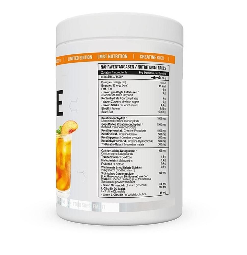 Weiße Dose mit Etikett. Aufdruck: Nährwertangaben, Zutaten. Abbildung eines Getränks mit Pfirsich. Text: MST Nutrition, Creatine Kick.