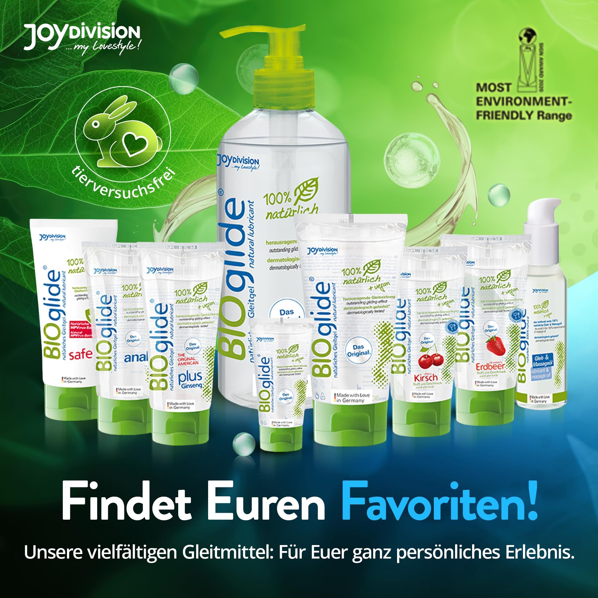 Sortiment von BIOglide Gleitmitteln, inklusive Flaschen und Tuben, mit Hasen-Siegel für Tierversuchsfreiheit.