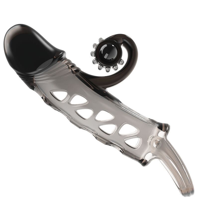 Penishülle mit Vibrationsfunktion, transparent mit schwarzen Elementen. Mit Ring und Öffnungen. Schräge Ansicht.