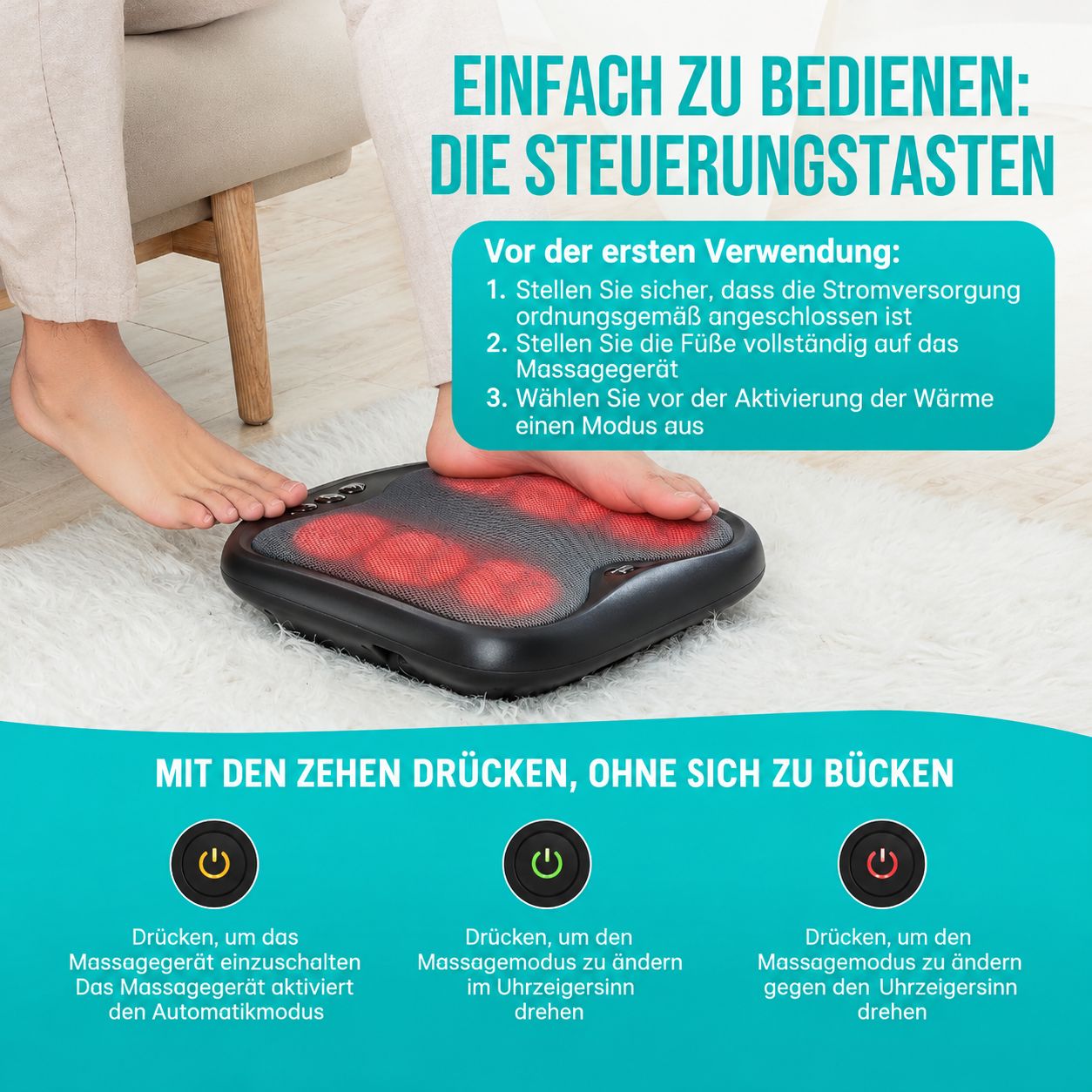 Nahaufnahme eines Fußmassagegeräts mit roten Massageelementen und Bedienelementen.