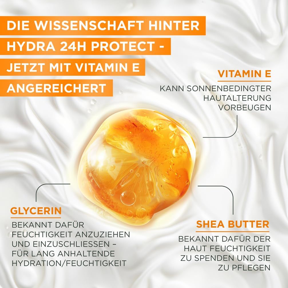 Garnier Ambre Solaire Hydra 24H Protect+ mit Vitamin E, Glycerin und Sheabutter. Text: Kann Hautalterung vorbeugen, spendet Feuchtigkeit.