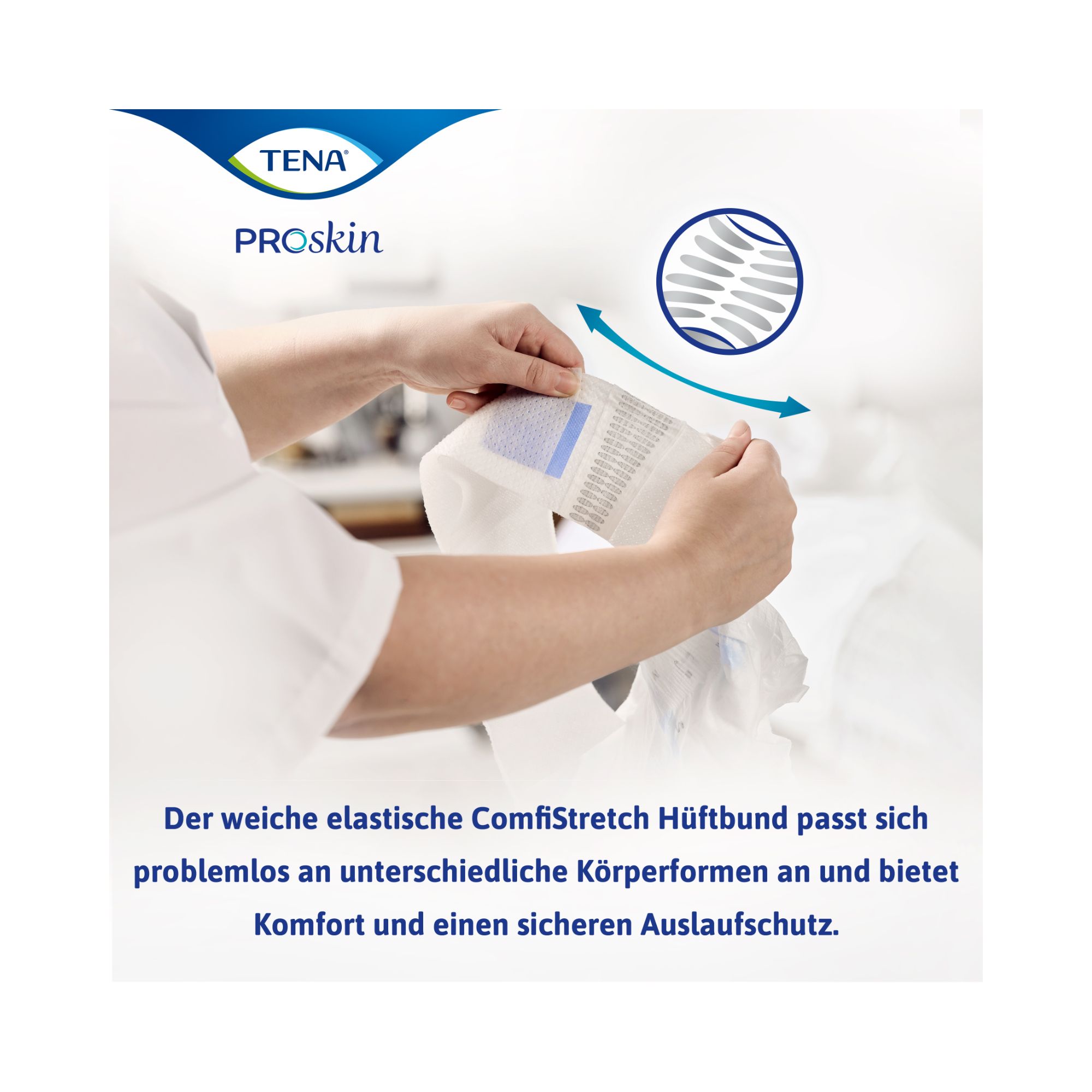 Nahaufnahme eines TENA ProSkin Flex mit ComfiStretch Hüftbund. Graue Details.