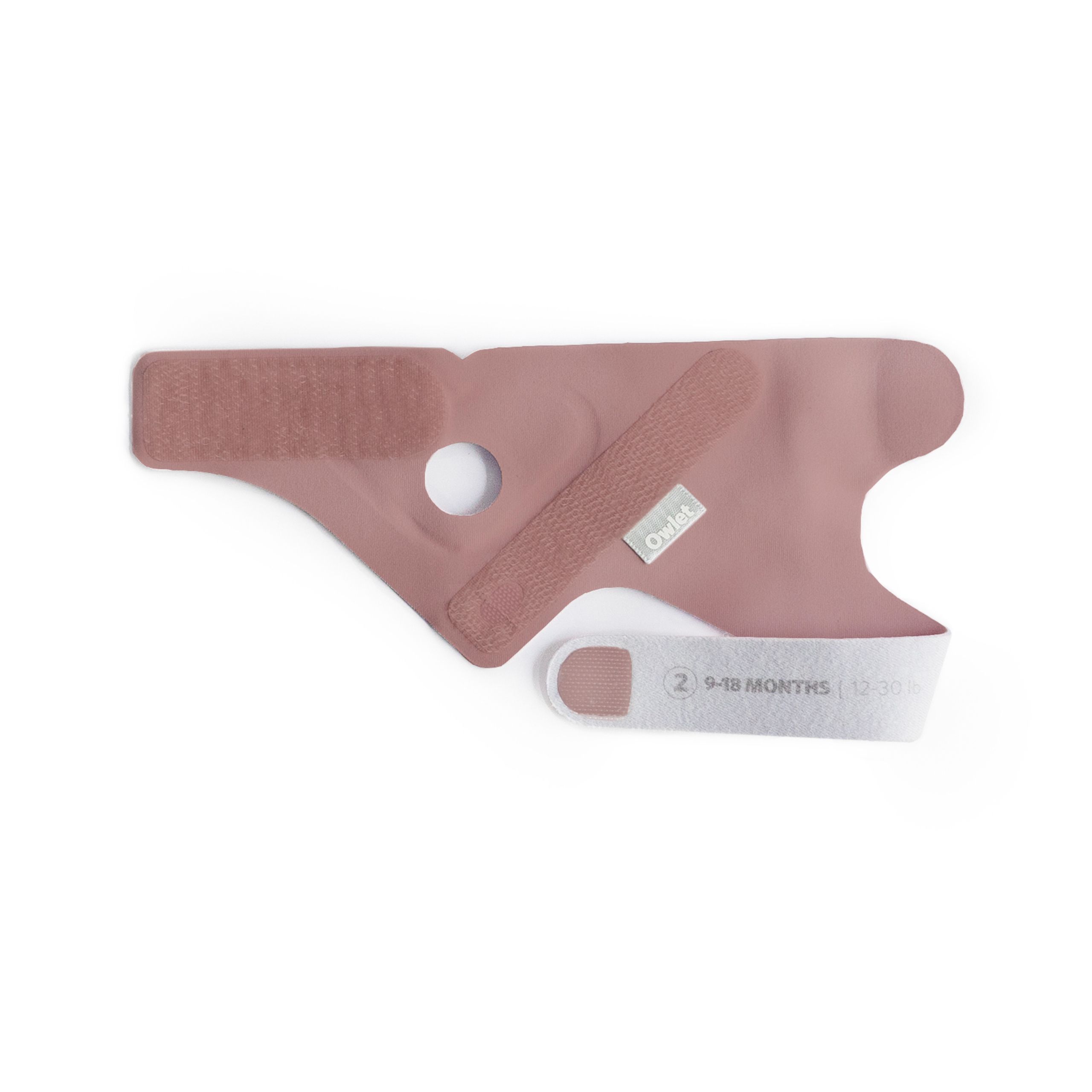 Ein rosa Owlet Sensor für Babys von 9-18 Monaten, mit Klettverschluss und Markenlogo.