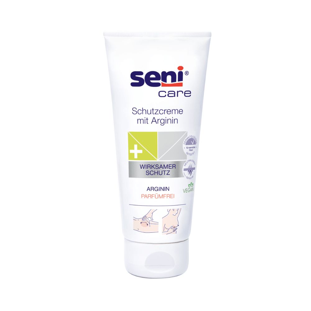 Weiße Tube mit Produktaufdruck. Beschriftung: Seni Care Schutzcreme mit Arginin. Enthält Wirkstoff Arginin. Vegan.