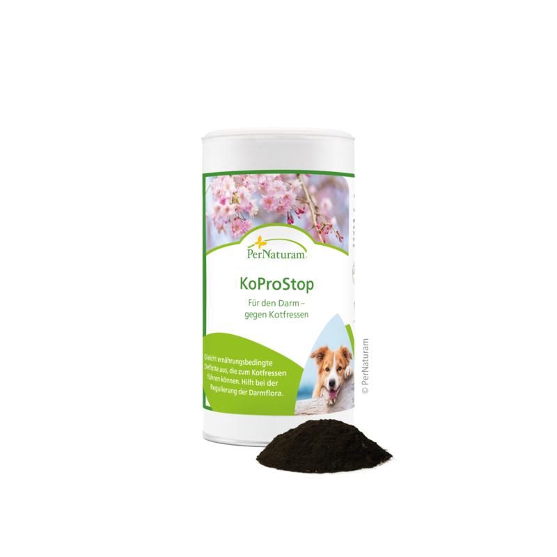 Eine Dose KoProStop mit Produkt und ein kleiner Haufen Produkt daneben. Aufschrift: Für den Darm - gegen Kotfressen.