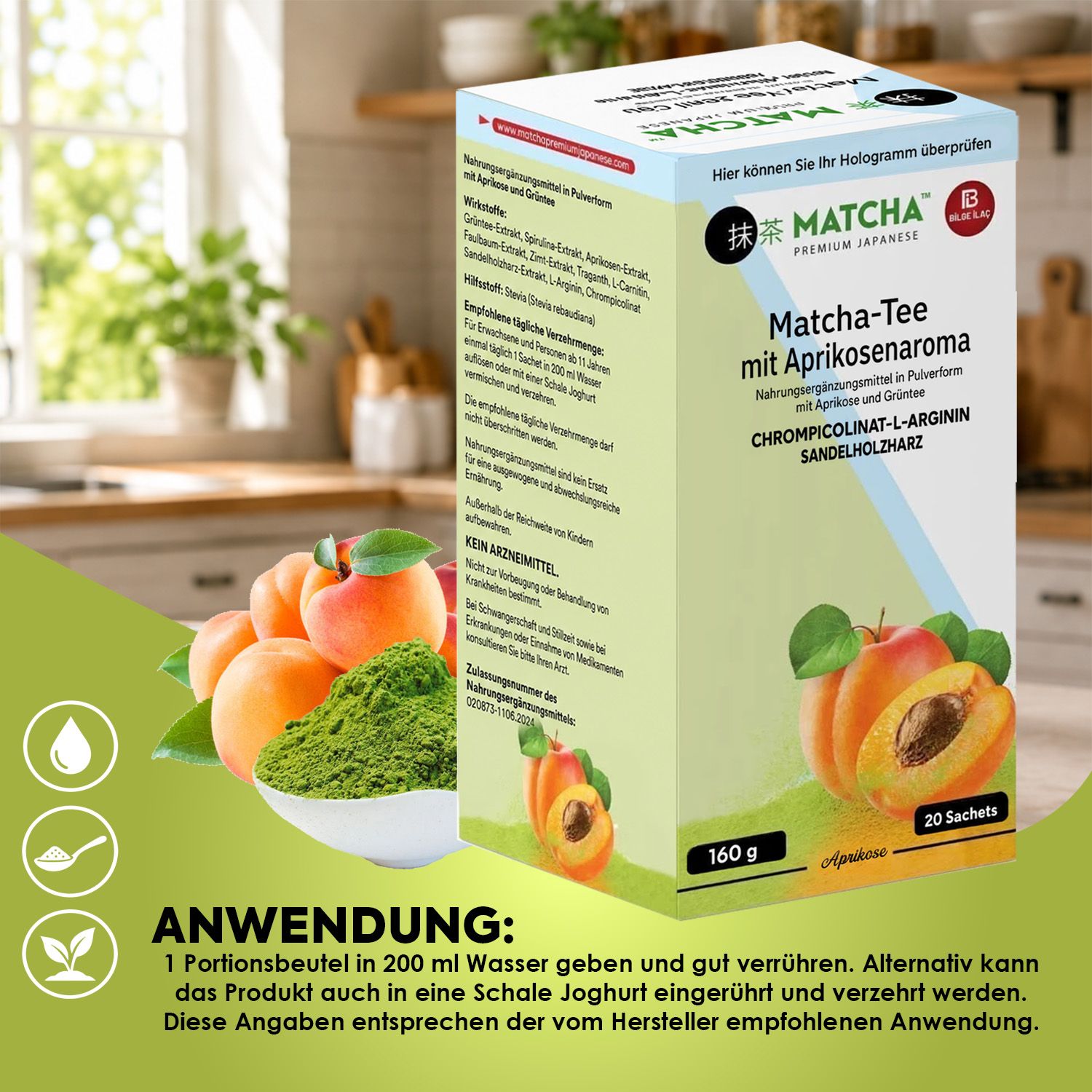 Bilge İlaç Matcha Tee mit Aprikosenaroma