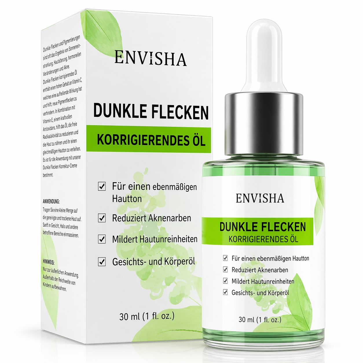 Produktverpackung. ENVISHA Dunkle Flecken Korrigierendes Öl. Flasche und Schachtel. 30 ml.
