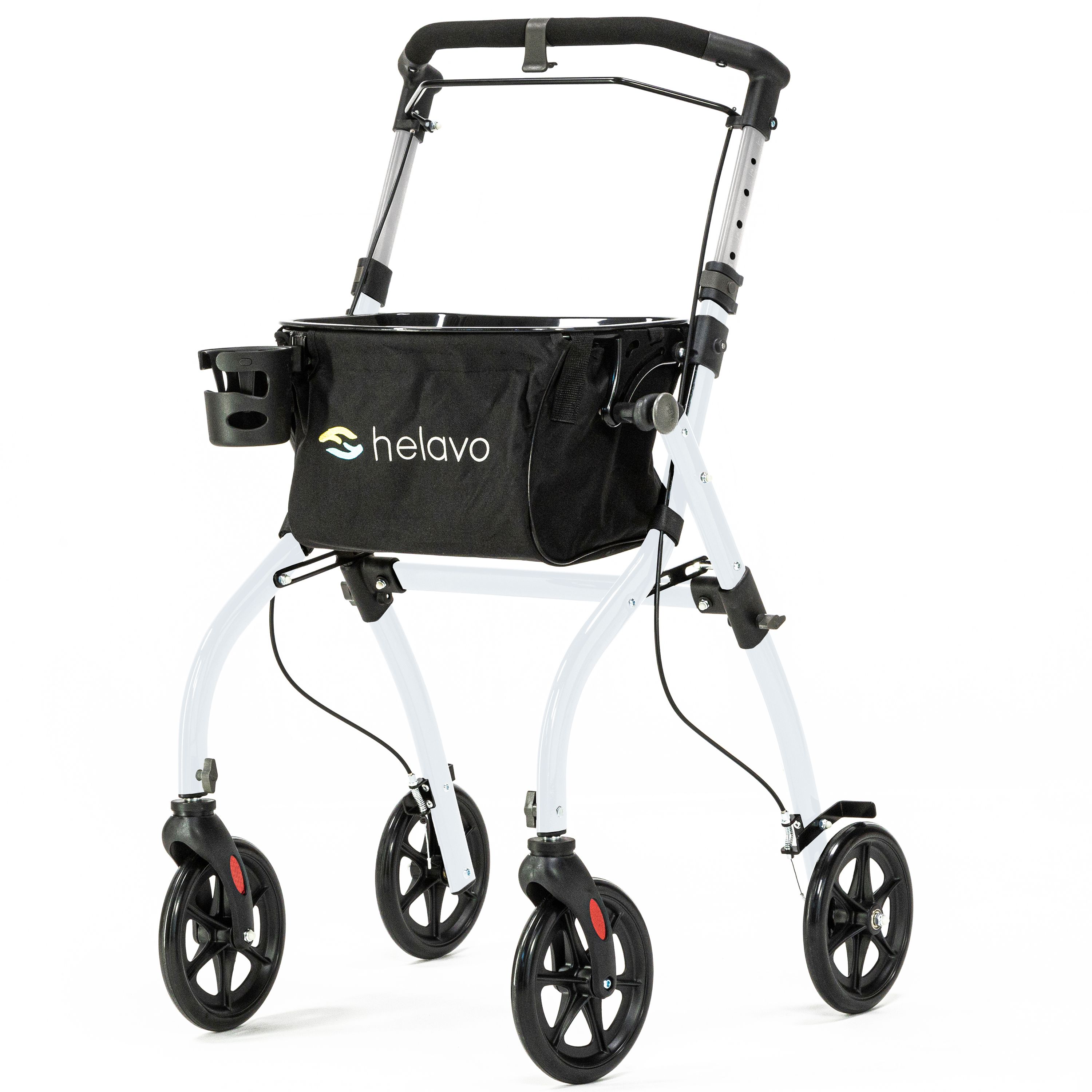 Weißer Indoor-Rollator mit schwarzem Korb, Becherhalter und Tablett.