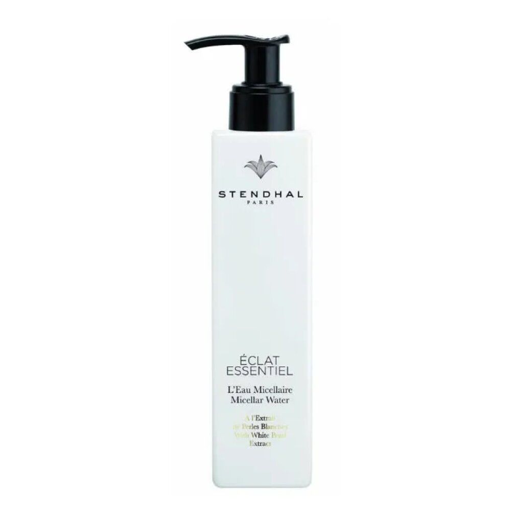 Weiße Flasche mit schwarzem Pumpkopf. Aufschrift: Stendhal Paris, Éclat Essentiel, L'Eau Micellaire, White Pearl Extract.