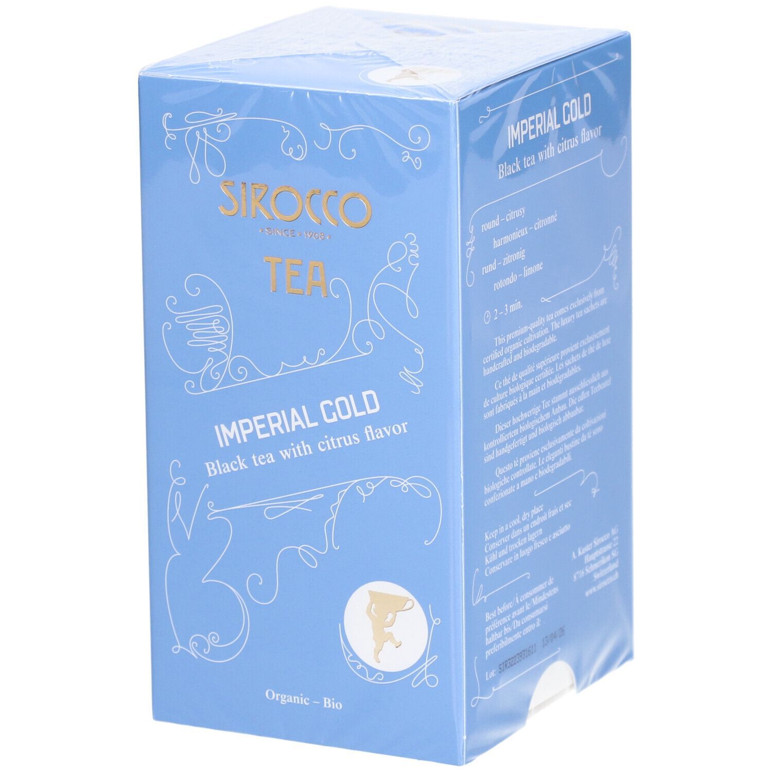 Hellblaue Schachtel mit Aufschrift "Sirocco Tea Imperial Cold". Text: "Black tea with citrus flavor". Verpackt in Folie.