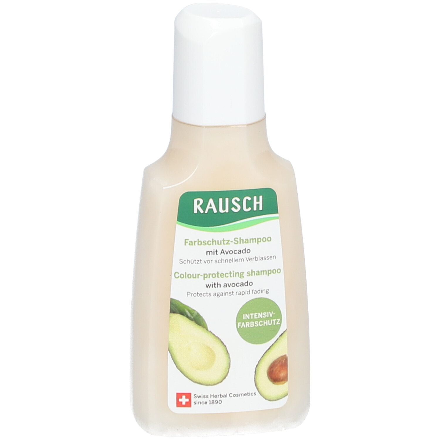 Shampoo-Flasche mit weißem Deckel. Grün-weiße Etikett mit Text: RAUSCH Farbschutz-Shampoo mit Avocado. Avocado-Illustration.