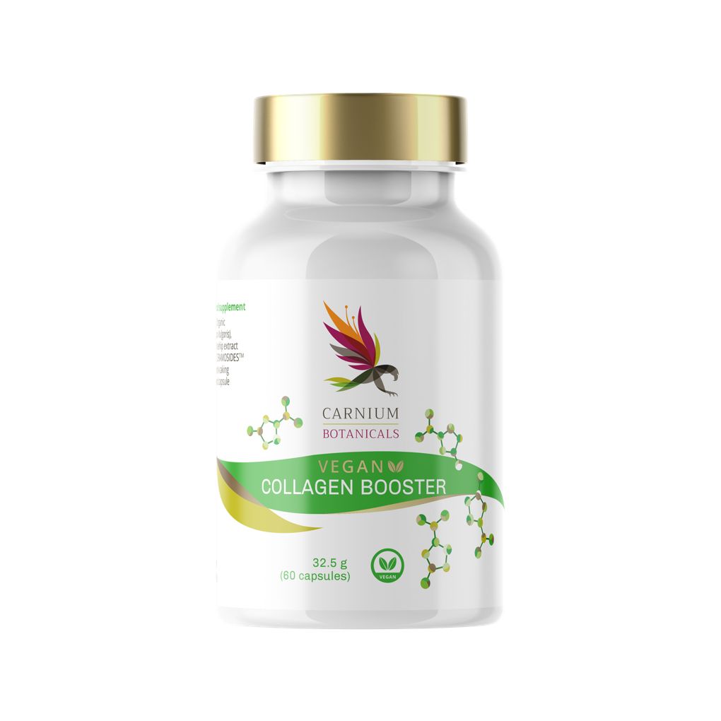 Weiße Flasche mit goldfarbenem Deckel. Aufschrift: Vegan Collagen Booster. Grün-gelbes Etikett. Logo mit Vogel. 60 Kapseln.