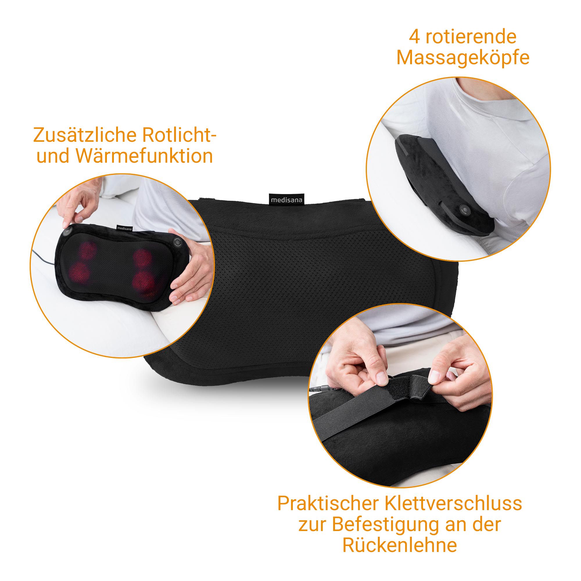 Schwarzes Shiatsu-Massagekissen mit roten Lichtern, Rotlicht- und Wärmefunktion.
