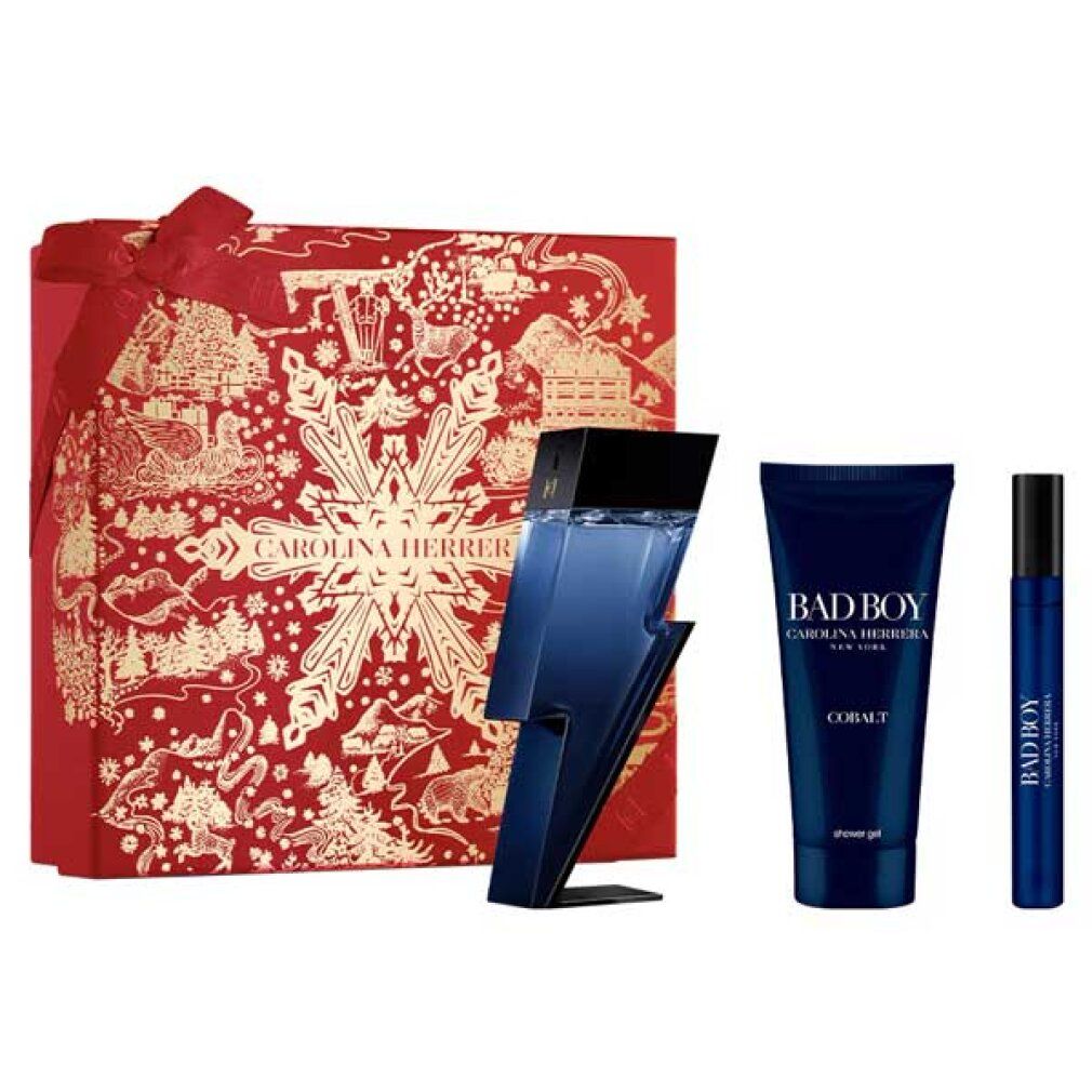 Carolina Herrera Bad Boy Geschenkset mit Blitz-förmigem Parfümflakon, Duschgel und kleinem Parfümzerstäuber.