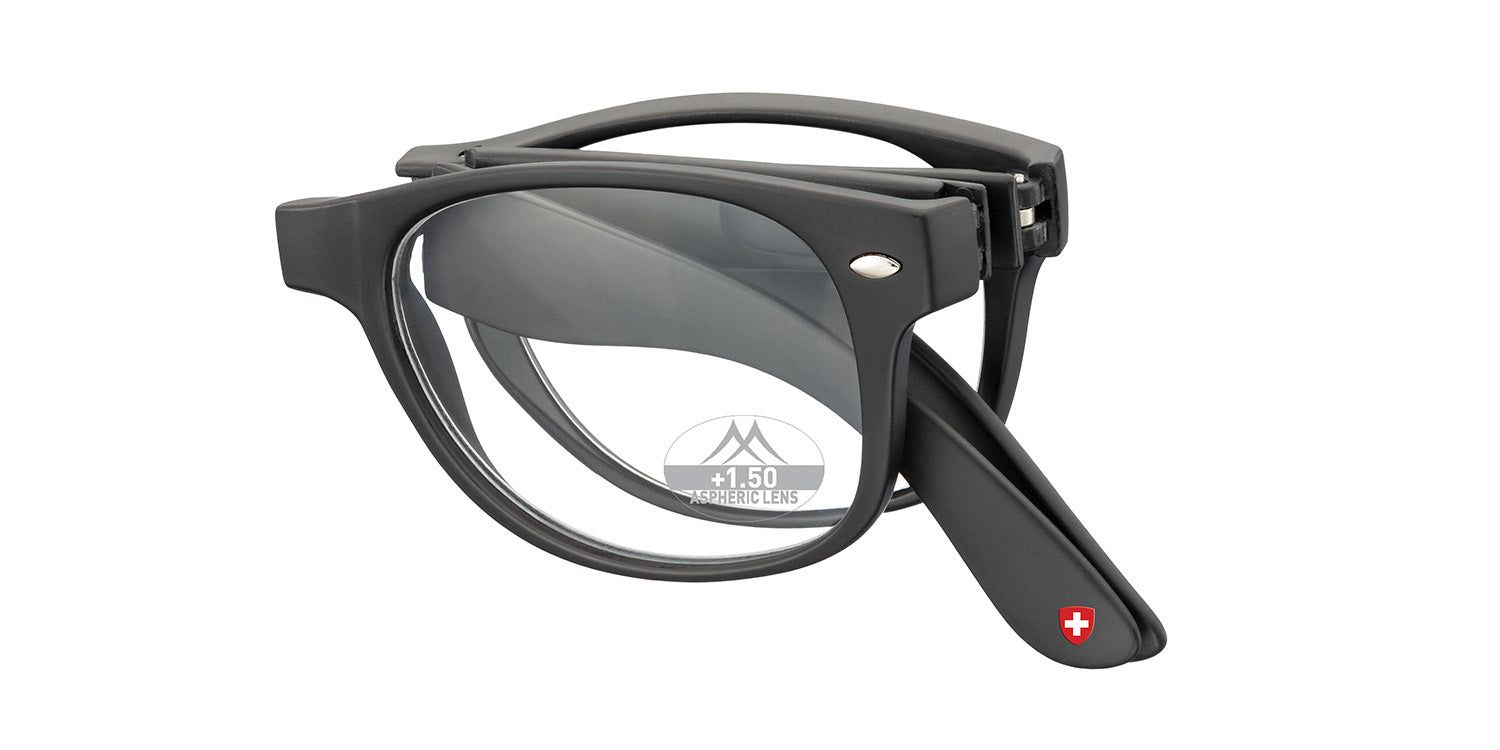 Zusammengeklappte, graue Lesebrille. Montana-Logo, Schweizer Kreuz. +1.50 Dioptrien. Schwarzer Rahmen, runde Gläser.