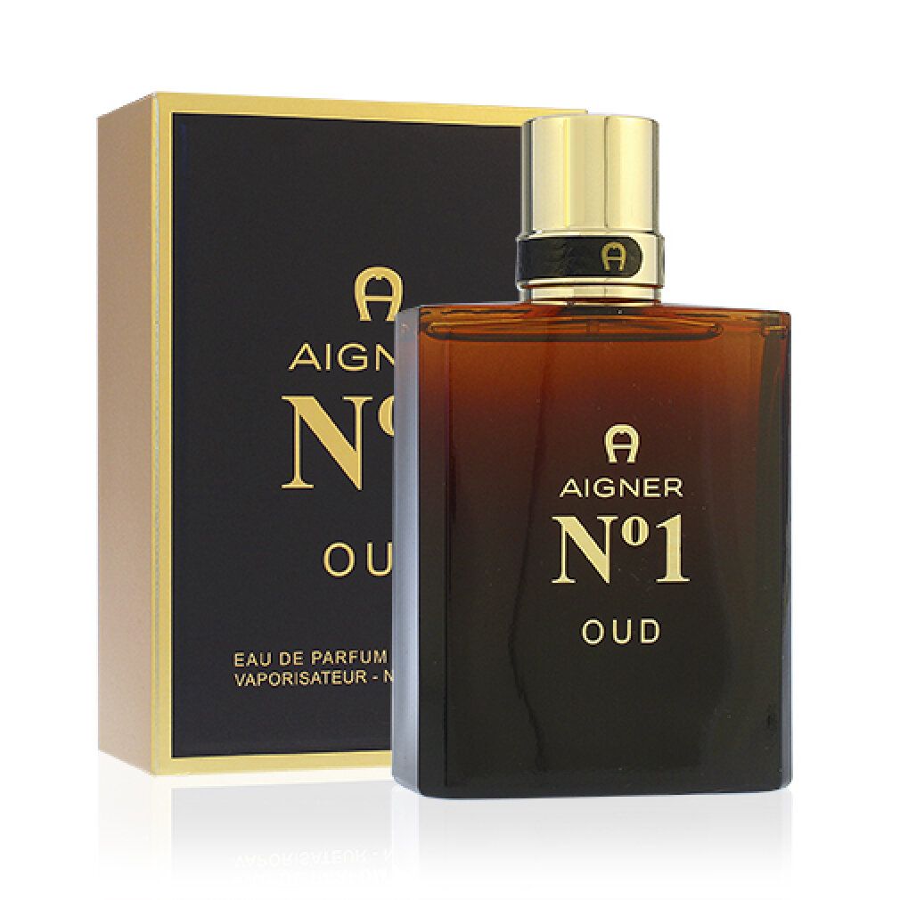Parfümflasche und Verpackung. Dunkelbraunes Glas, goldener Deckel. Schwarze Verpackung mit goldener Schrift: Aigner No 1 Oud.