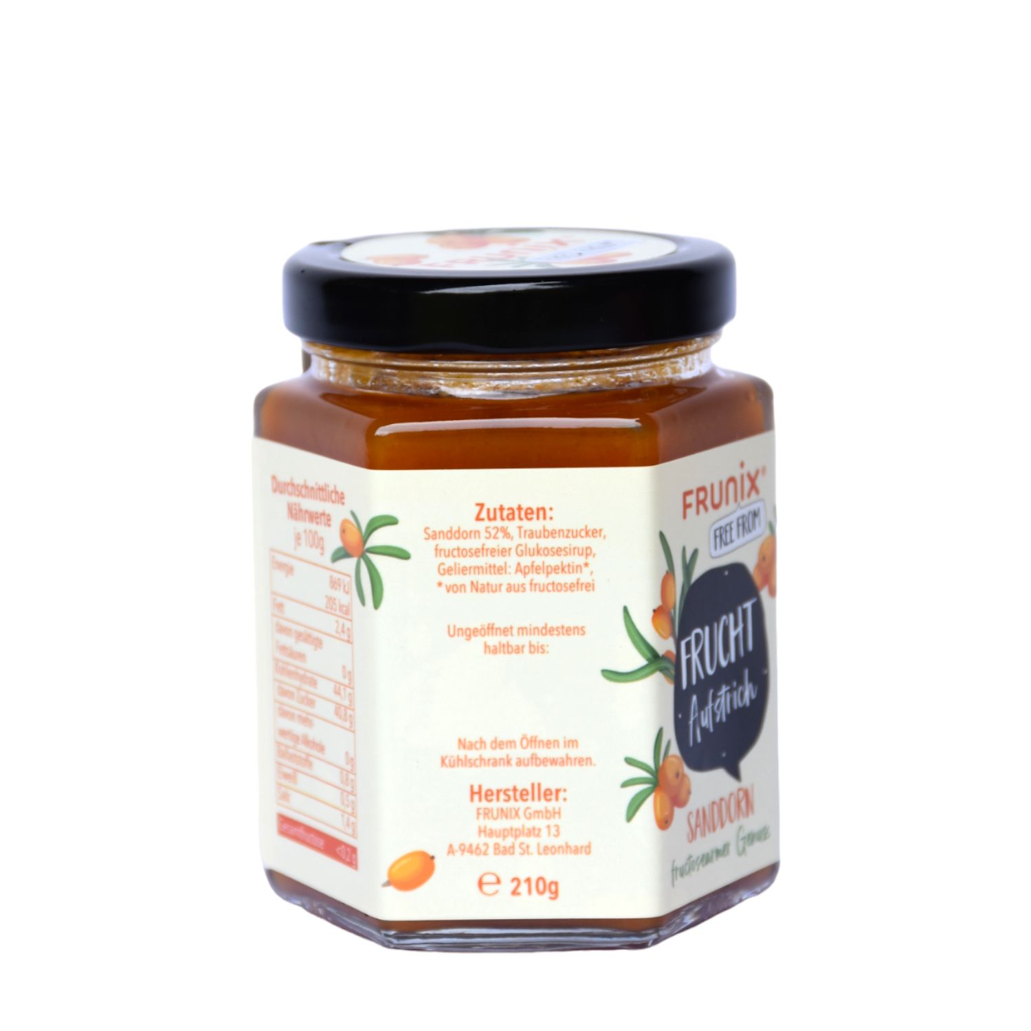 Glas mit Sanddorn-Fruchtaufstrich. Rückseite mit Zutatenliste und Nährwertangaben. Aufschrift: FRUNIX, Fruchtaufstrich, Sanddorn.