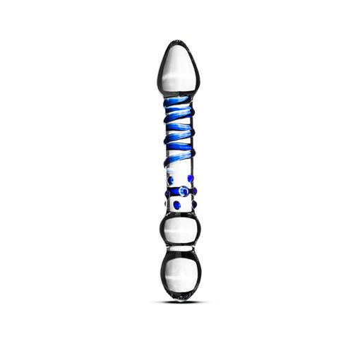 Glas Doppeldildo mit blauem Dekor. Klares Glas, zylindrische Form mit abgerundeten Enden. Spiralförmige blaue Verzierung.