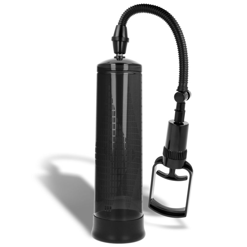 Schwarze Pumpe mit transparentem Zylinder, Schlauch und Griff. Produkt ohne Verpackung.