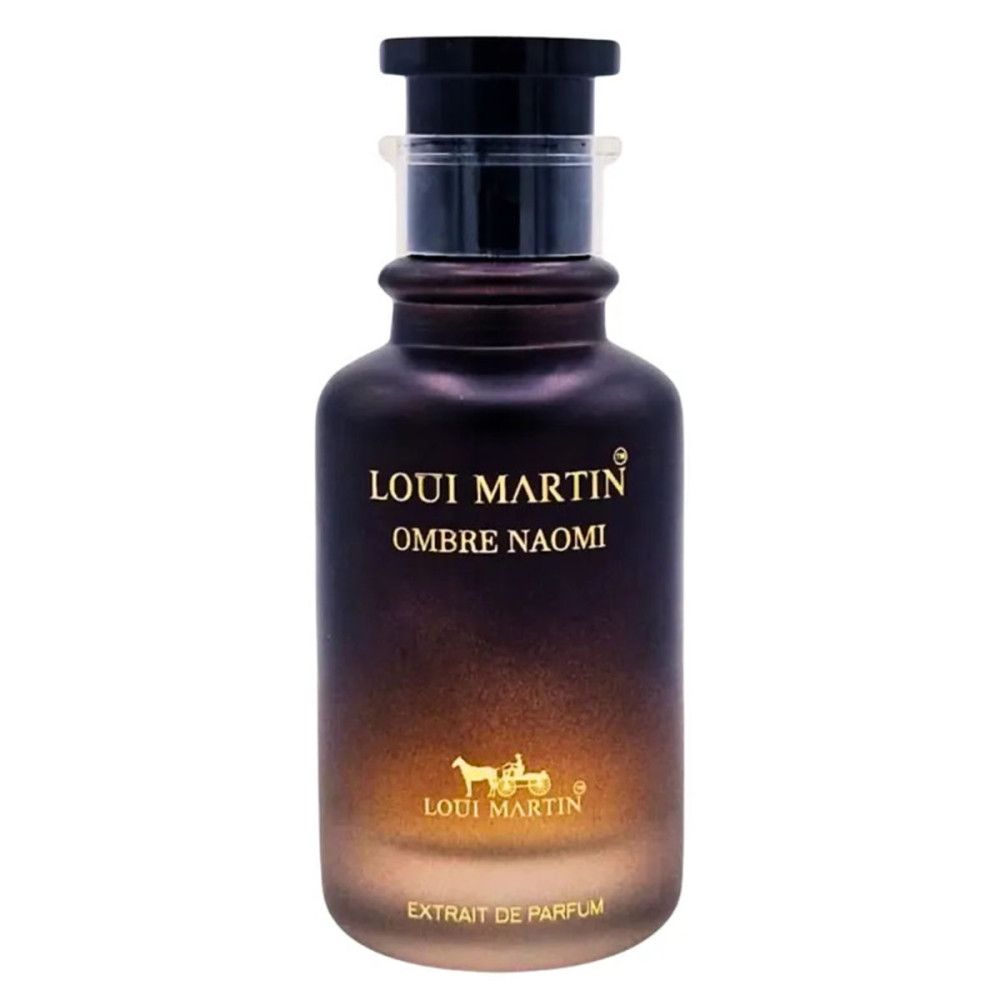 Parfümflakon mit schwarzem Verschluss. Aufschrift: Loui Martin, Ombre Naomi, Extrait de Parfum. Goldfarbenes Logo.