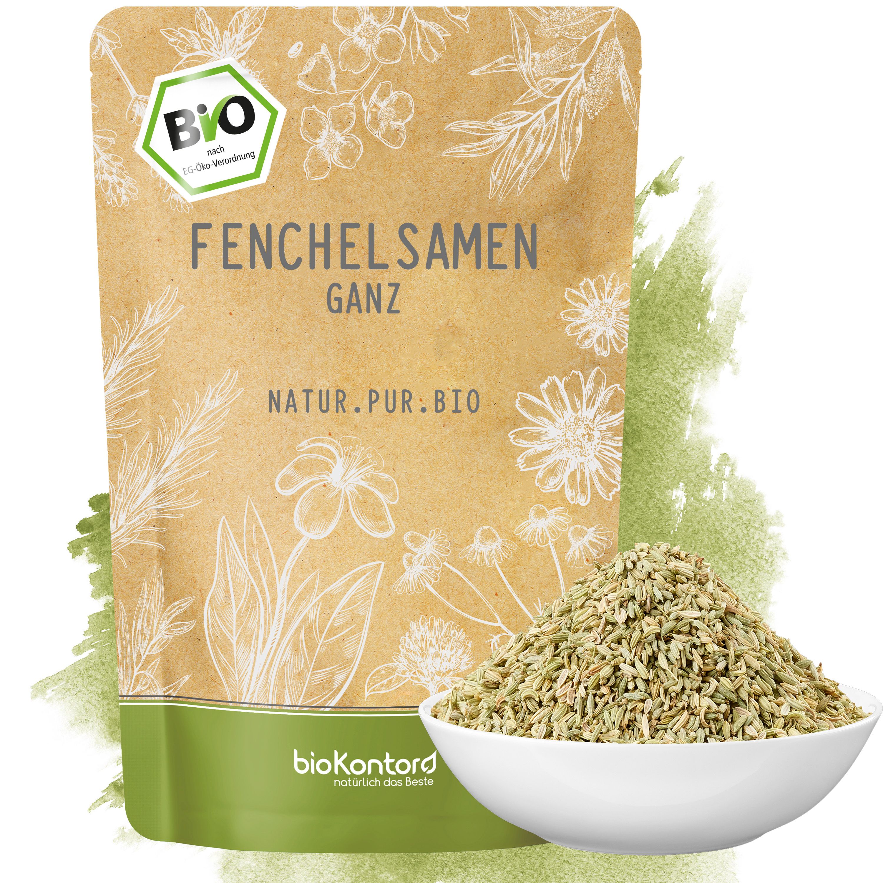 BioKontor Fenchelsamen Ganz Beutel mit Kräutermotiv und Bio-Siegel, daneben eine Schale Samen.