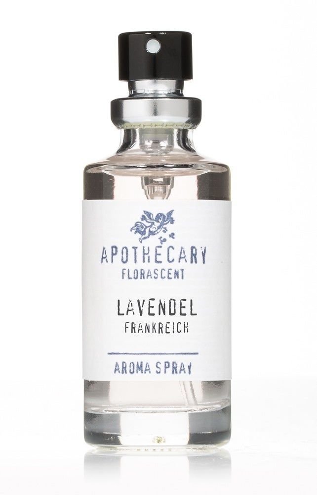 Glasflasche mit schwarzem Sprühkopf. Aufschrift: Apothecary Florascent Lavendel Frankreich Aroma Spray.