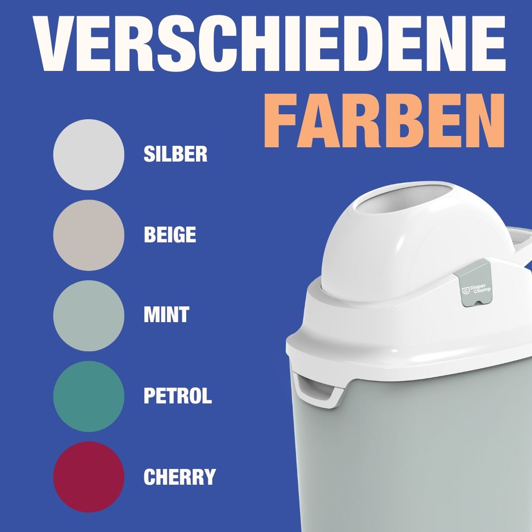 Windeleimer Diaper Champ One, grau-weiß. Text: "VERSCHIEDENE FARBEN" und Farbbeispiele: Silber, Beige, Mint, Petrol, Cherry. Logo und Text: "Diaper Champ".