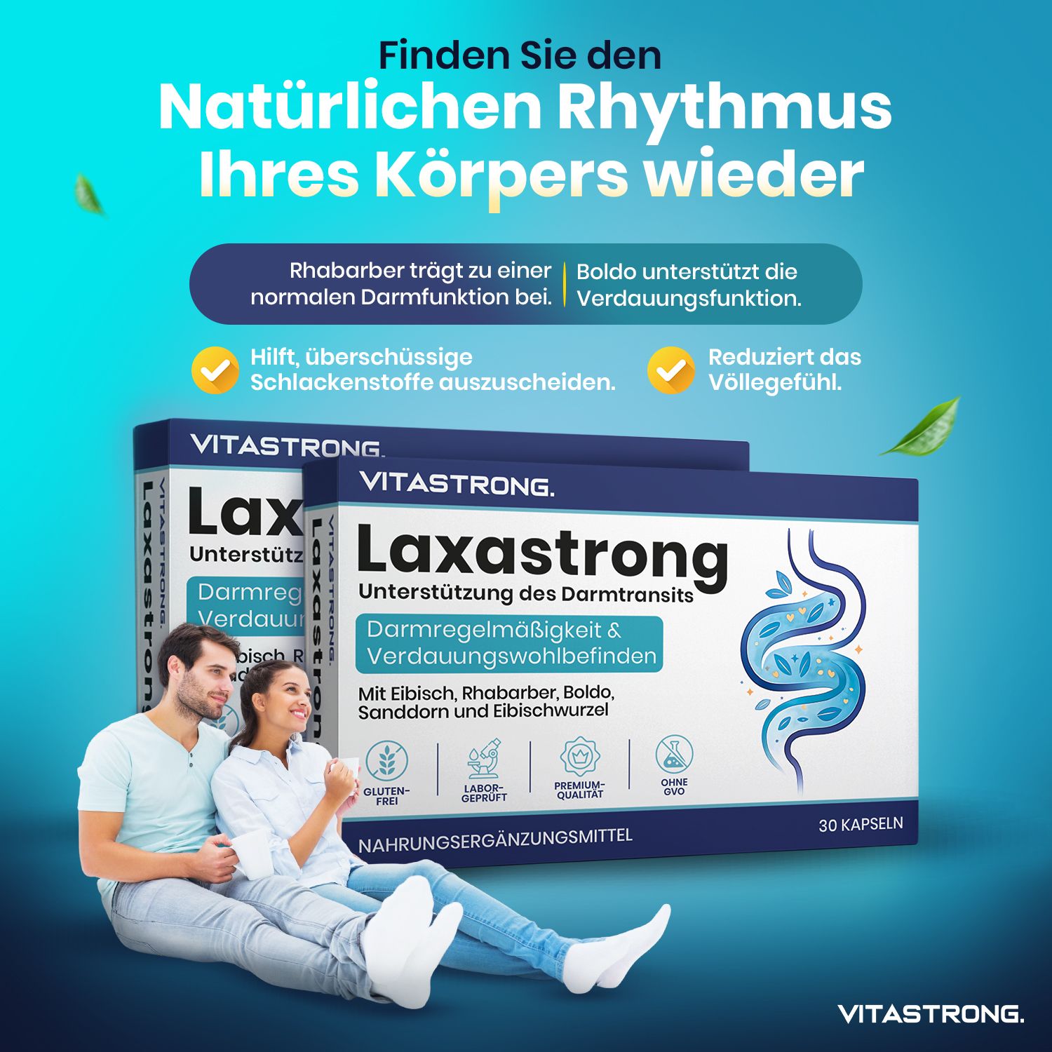 Vitastrong Laxastrong. Zwei Packungen. Text: Darmregelmäßigkeit & Verdauungswohlbefinden. 30 Kapseln. Glutenfrei, Laborgeprüft.