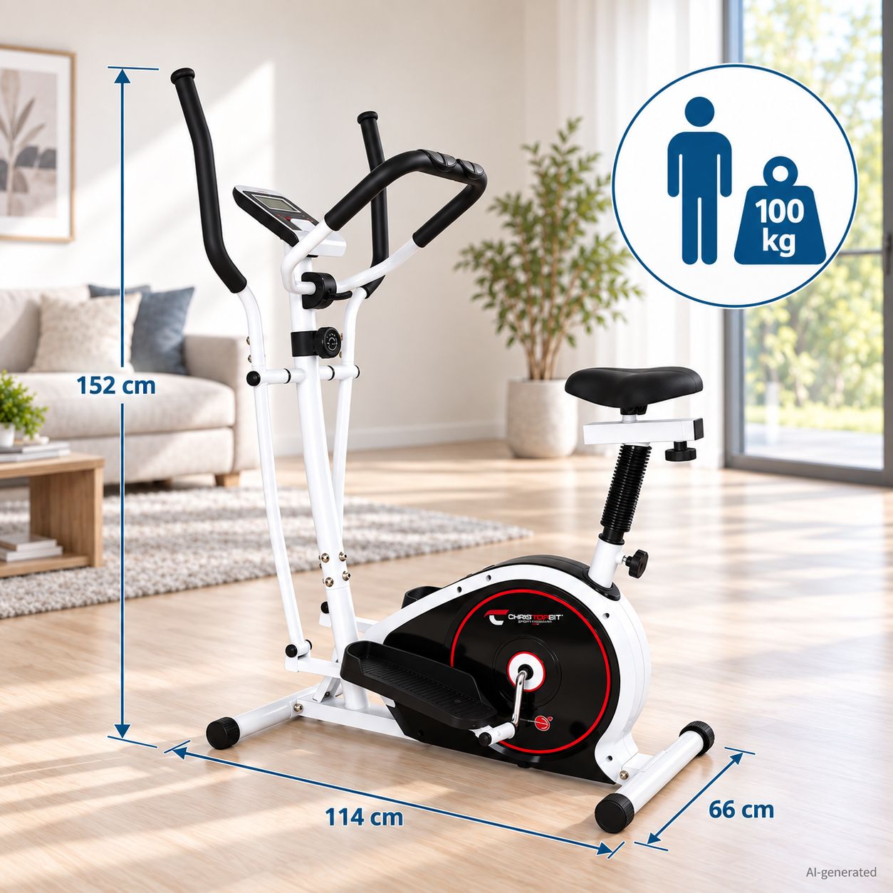 Maße eines weißen Crosstrainers: Höhe 152 cm, Länge 114 cm, Breite 66 cm.