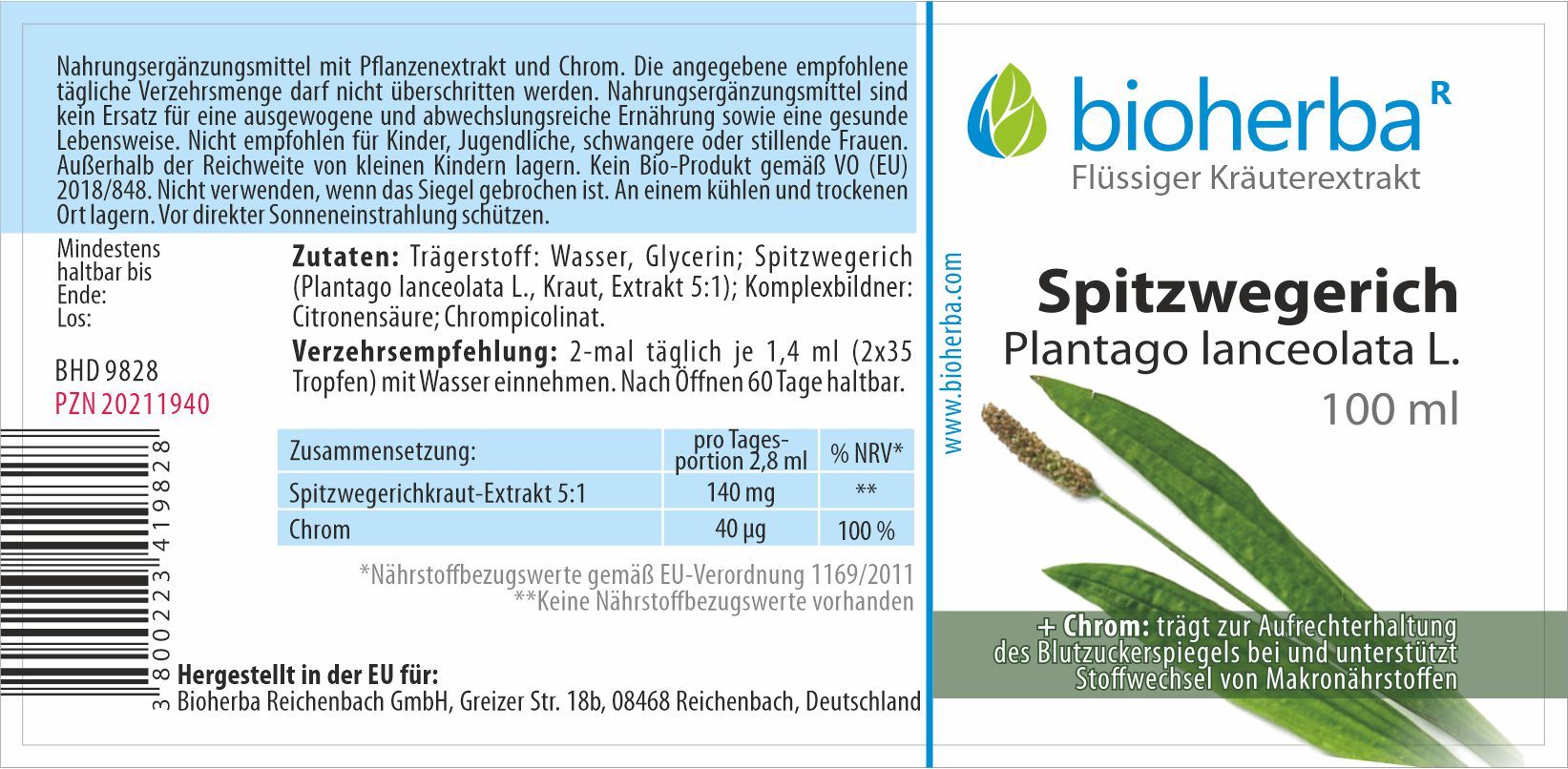Etikett mit Produktinformationen. Bioherba Spitzwegerich Tinktur. Zutaten, Verzehrempfehlung, Nährwertangaben. 100 ml Flasche.