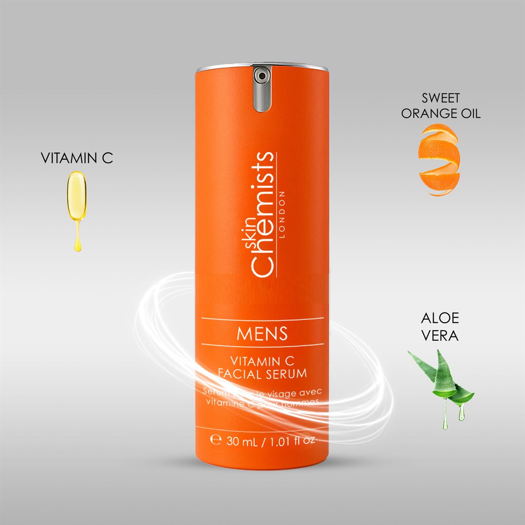 Orangefarbene Flasche SkinChemists Vitamin C Gesichts-Serum mit Darstellungen von Vitamin C, Aloe Vera und süßem Orangenöl.