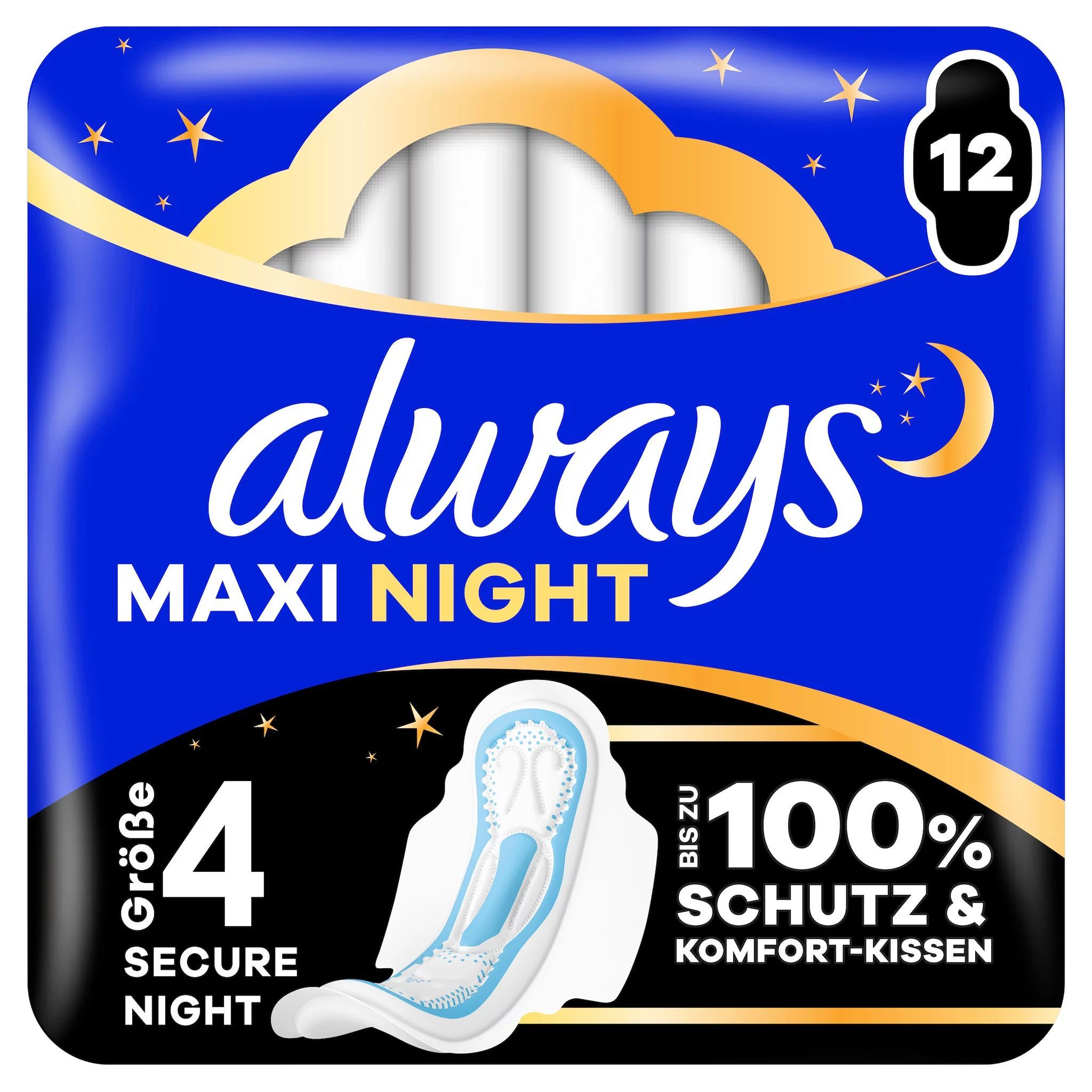 Always Maxi Night Damenbinden, Größe 4, 12 Stück. 100% Schutz & Komfort-Kissen.