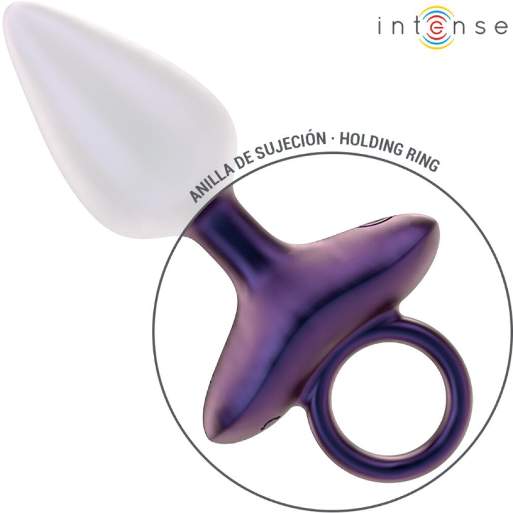 Lila Analstecker mit weißem Griff und Ring. Text: Haltering. Marke: Intense.