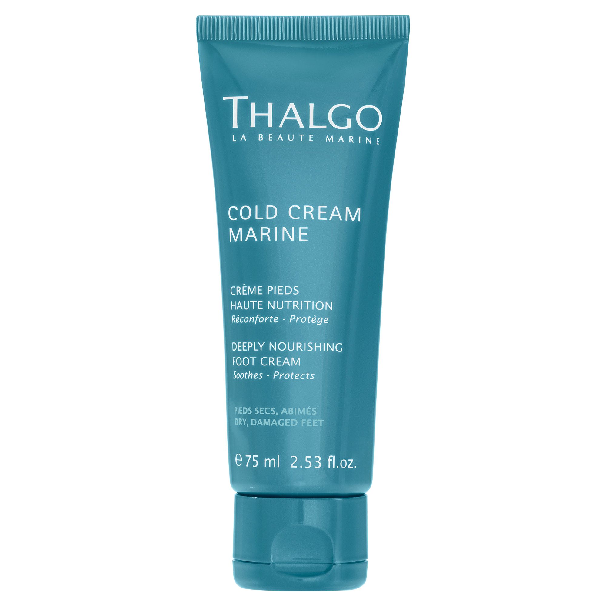 Türkisfarbene Tube mit Produktnamen THALGO und Produktbezeichnung Cold Cream Marine. Text: Crème Pieds, Deeply Nourishing Foot Cream.
