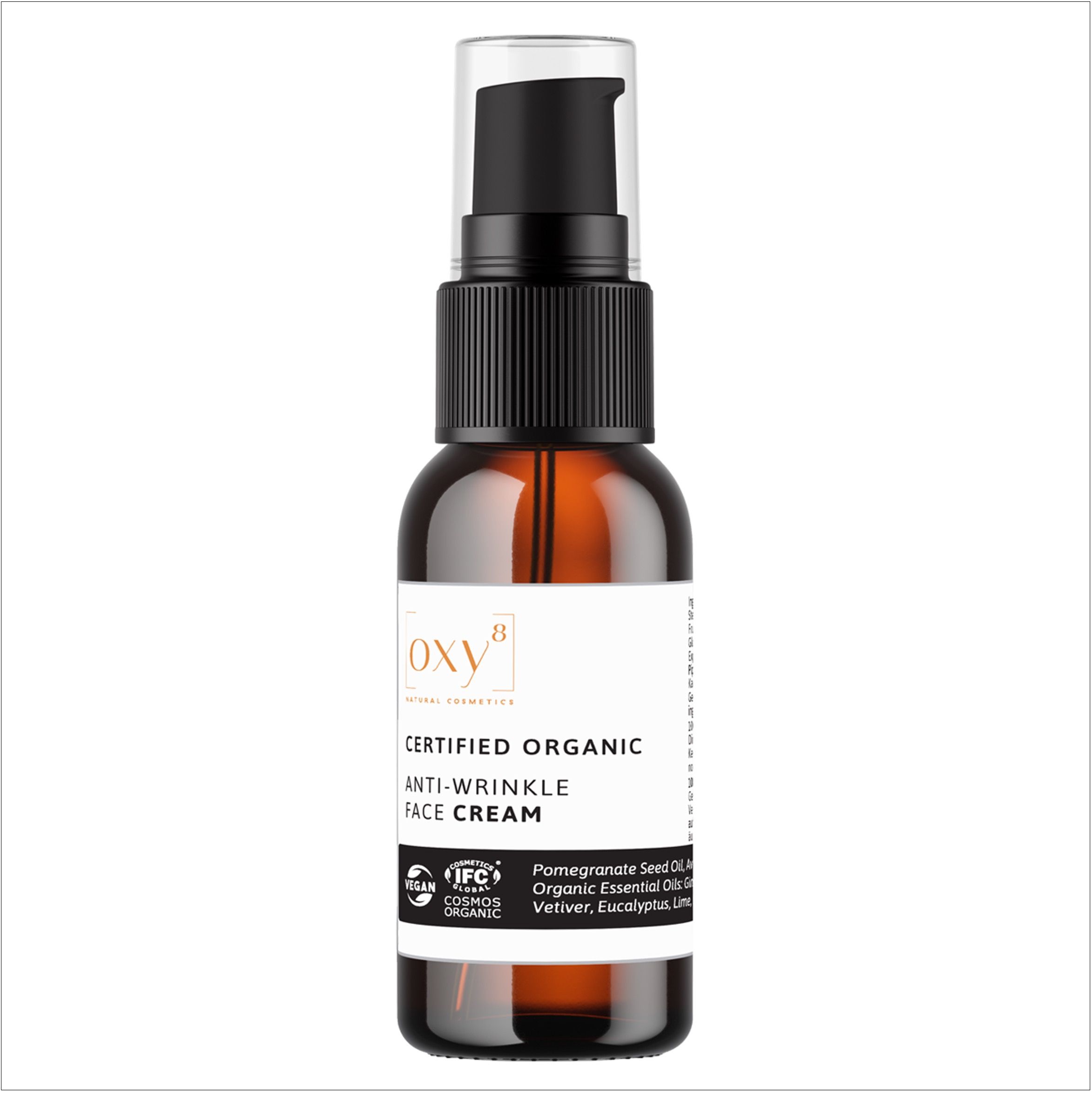 Braune Flasche mit schwarzem Pumpkopf. Aufschrift: ANTI WRINKLE FACE CREAM. Zertifiziertes Bio-Produkt.
