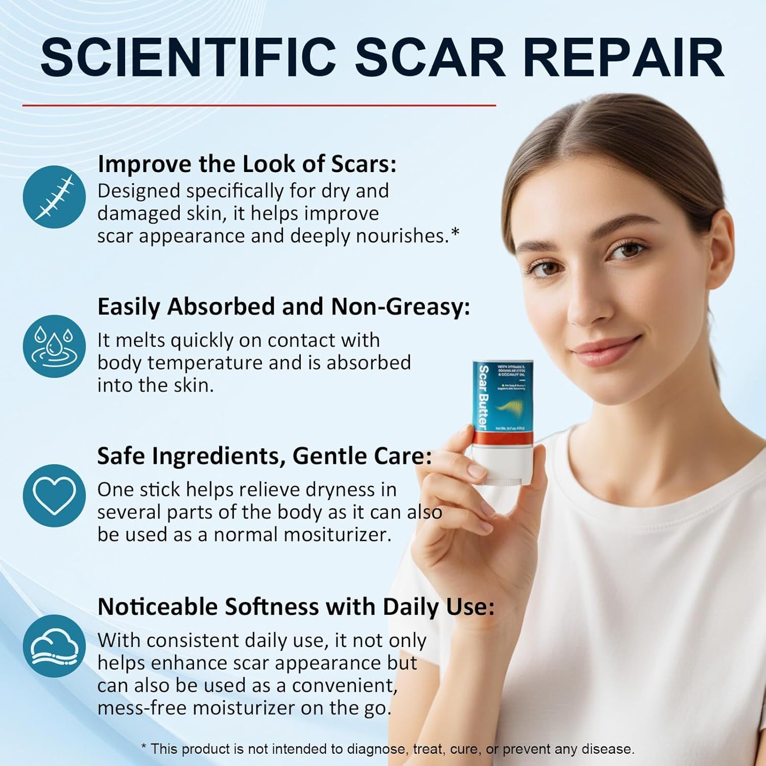 Frau hält "Scar Butter"-Stift. Text: Wissenschaftliche Narbenreparatur. Verbessert Narben, zieht schnell ein, sanfte Inhaltsstoffe, tägliche Anwendung.