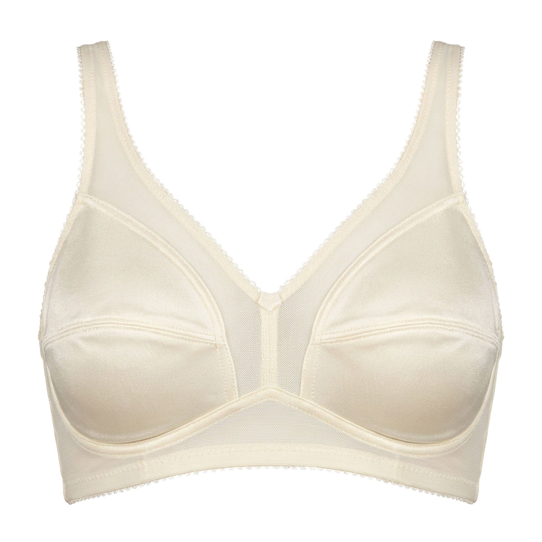 Elfenbeinfarbener Stütz-BH aus Satin, Cup A, mit hoher Unterstützung. Verstellbare Träger, breiter Unterbrustbund, Spitzenbesatz.
