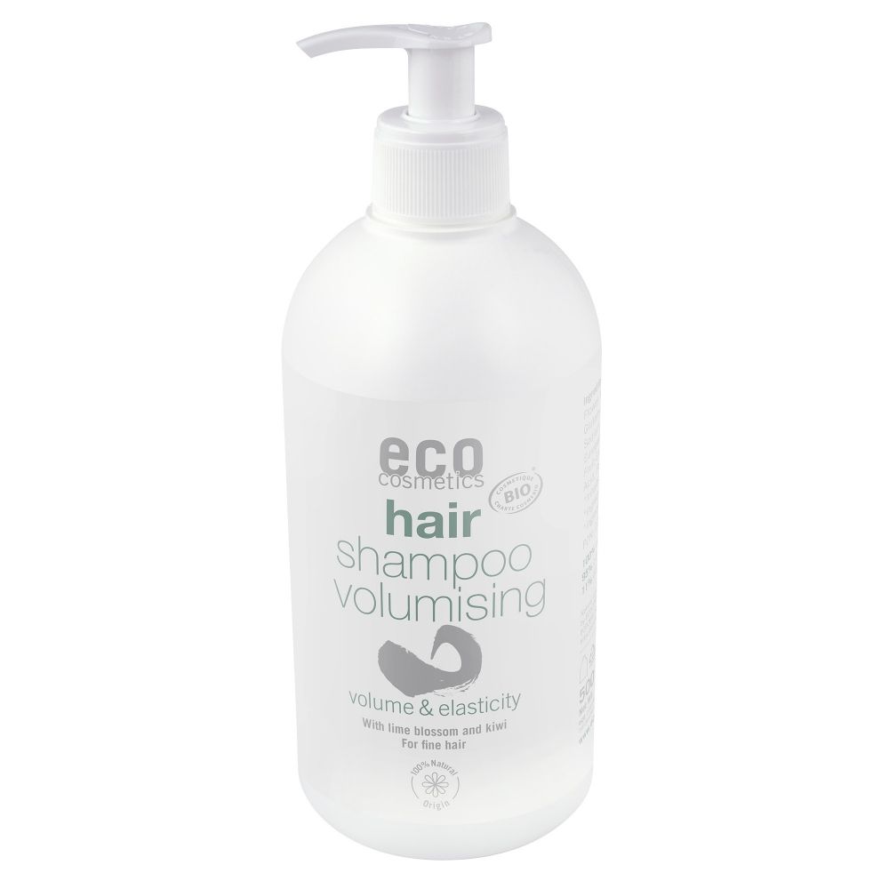 Weiße Shampoo-Flasche mit Pumpe. Aufschrift: eco cosmetics, hair shampoo volumising. Bio-Siegel.