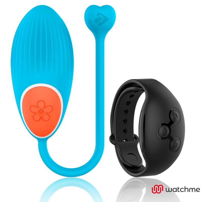 Blaues, ovales Vibro-Ei mit orangefarbenem Knopf und schwarze Armband-Fernbedienung. Logo: watchme.